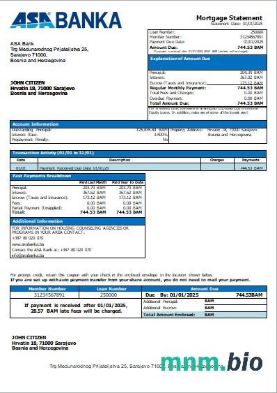 Bośnia i Hercegowina Bank ASA wyciąg z kredytu hipotecznego szablon Word i PDF